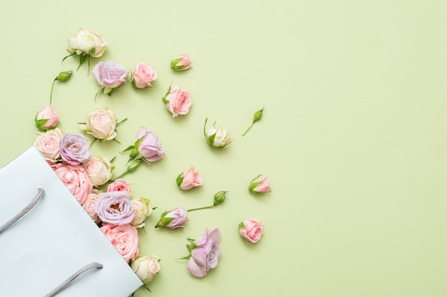 Frische Rosen auf Einkaufstasche. Blumen-Glückwunschkonzept. Kopieren Sie Platz auf grünem Hintergrund.