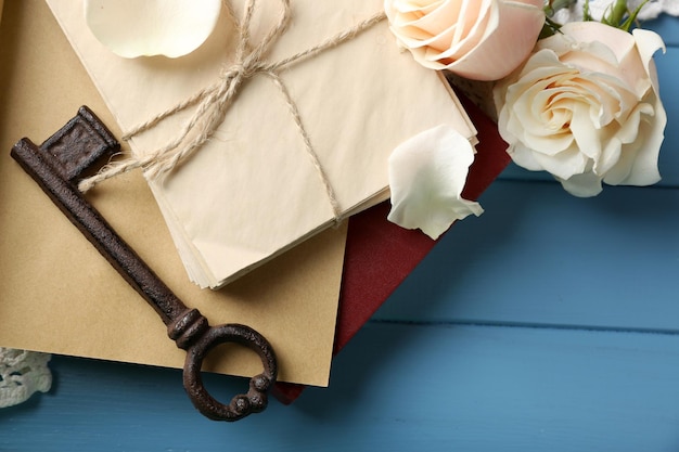 Frische Rosen mit altem Buch und Buchstaben auf farbigem Holztischhintergrund. Vintage-Konzept