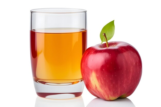 Frische rote Apfelfrüchte und ein Glas Apfelsaft isolierten einen transparenten Hintergrund