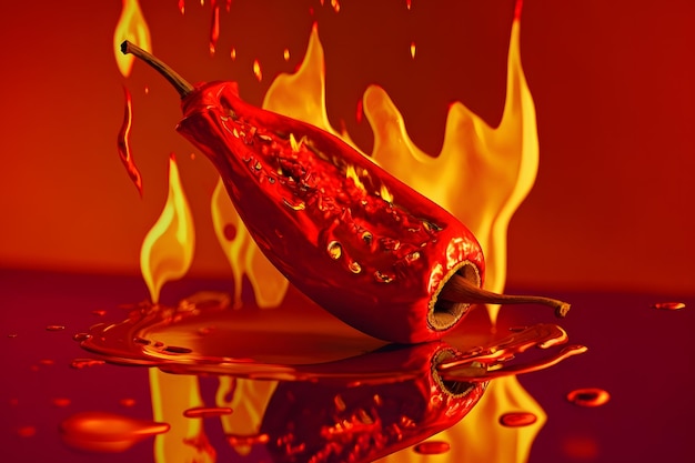 Frische rote Chilischote im Feuer als Symbol für das brennende Gefühl scharfer Speisen und Gewürze. Roter Hintergrund. Neuronales Netzwerk, KI generiert