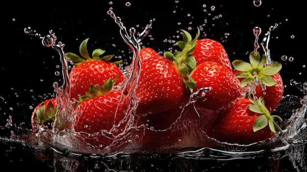 Frische rote Erdbeeren werden von Wasserspritzern auf schwarzem Hintergrund getroffen und verschwimmen