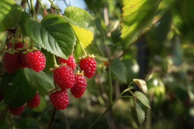 Frische rote Himbeeren hängen am Zweig