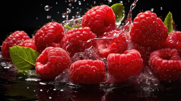 Frische rote Himbeeren mit Wasser bespritzt auf schwarzem und verschwommenem Hintergrund