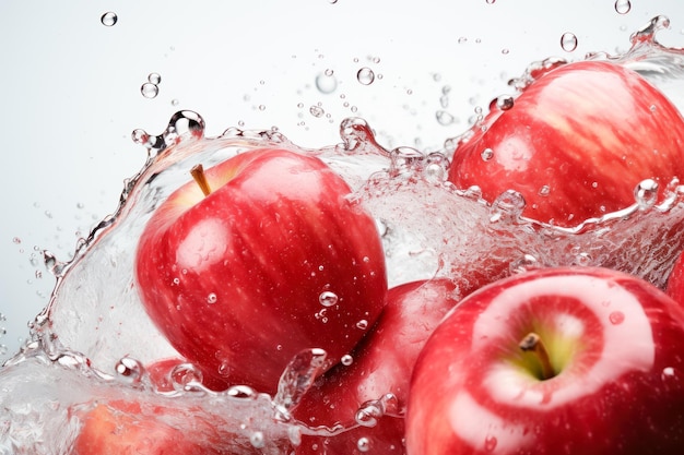 Frische rote Äpfel im Wasserspritzer auf blauem Hintergrund in Nahaufnahme