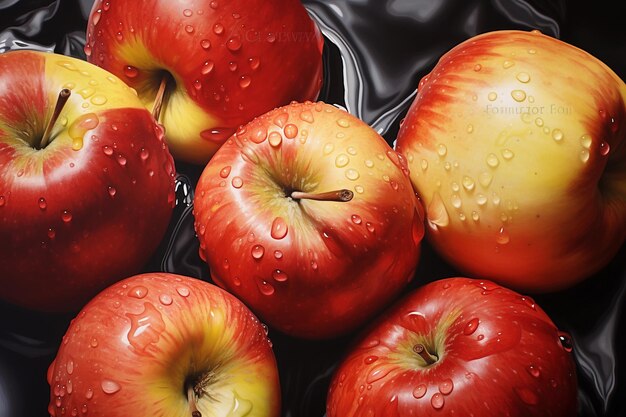 Frische rote Äpfel mit Wassertropfen auf schwarzem Hintergrund