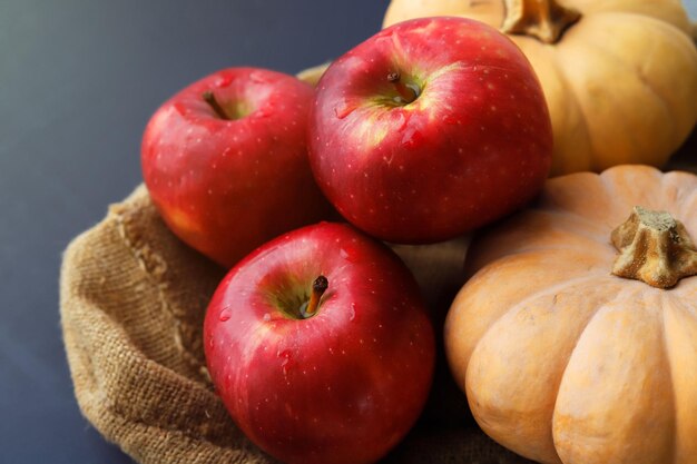 Frische rote Äpfel und orangefarbene Kürbisse schließen die Herbstkomposition ab