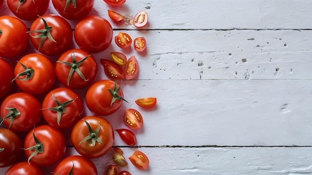 Frische rote Tomaten auf der linken Seite des Rahmenrahmens, weiße Tomaten mit ausgebreiteter Oberfläche