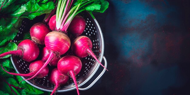 Frische Rüben mit blättrigen dunkelblauen Hintergründen