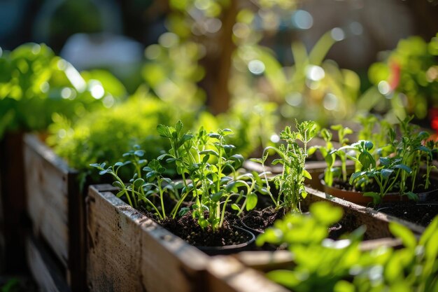 Foto frische sämlinge gedeihen in einem sonnigen gartenbett