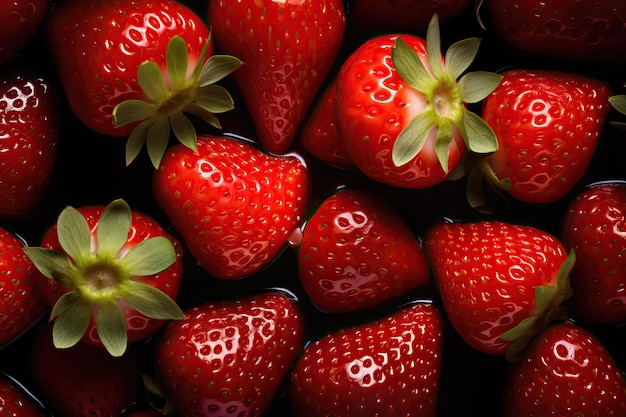 Frische, saftige Erdbeeren mit grünem Schwanz von oben