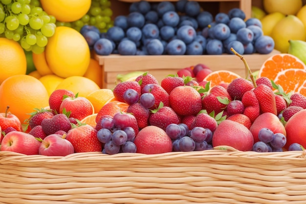 Frische saftige Früchte in einem Korb auf einem Obst-Hintergrund