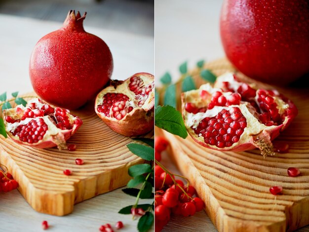 Frische saftige Granatapfel auf hellem Hintergrund Auf dem hölzernen Ende davon Bürsten Sie als Nächstes die Asche Gesunde ErnährungVegetarier Collage