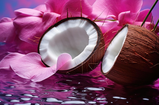 Frische, saftige Kokosnusshälften und Blumen in Metallic-Rosa mit wassertropfenfarbenem Hintergrund