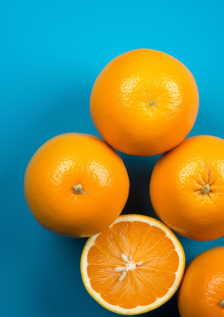 Frische, saftige Orangen auf blauem Hintergrund Generative KI