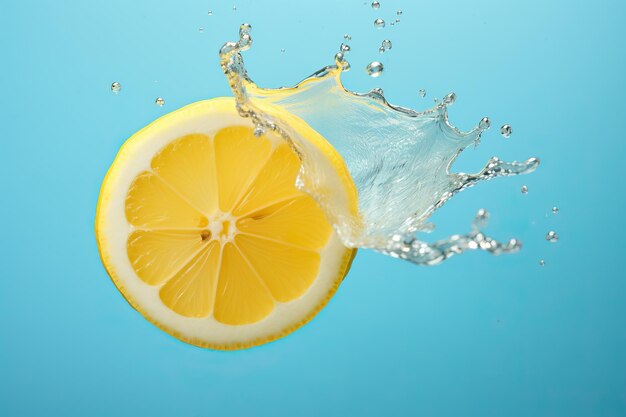 Frische, saftige Zitrone in Wasserspritzungen auf blauem Hintergrund