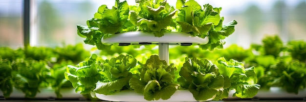 Frische Salaternte im Garten auf Regalen mit künstlichem Licht auf Hydroponik gesunde Gemüse umweltfreundliche Grünen wachsende Produktion zum Verkauf im Laden KI generiert