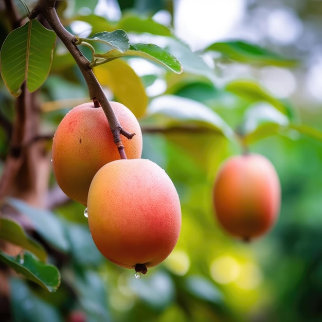 Frische Sapota-Früchte fliegen im Restaurant- und Gartenhintergrund im Studiohintergrund