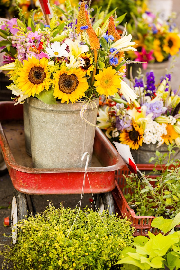 Foto frische schnittblumen zum verkauf auf dem örtlichen bauernmarkt.