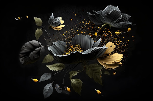 Frische schwarze Blumen, die auf schwarzem Hintergrund in die Luft fallen