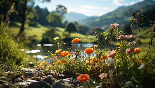 Foto frische sommerwiesen wildblumen blühen in einer ruhigen ländlichen landschaft, die durch künstliche intelligenz erzeugt wurde