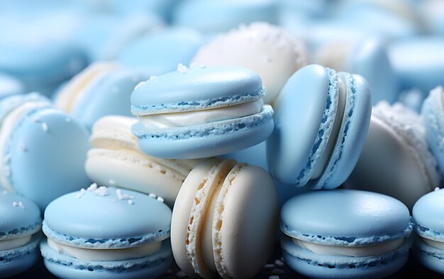 Frische, süße, farbenfrohe weiße und blaue Macarons Creme, hausgemachte Bäckerei mit Dessert und Essen