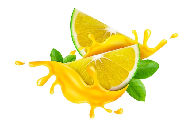 Frische süße Zitrone, die in Spritzsaft fällt, isoliert auf weißem Hintergrund