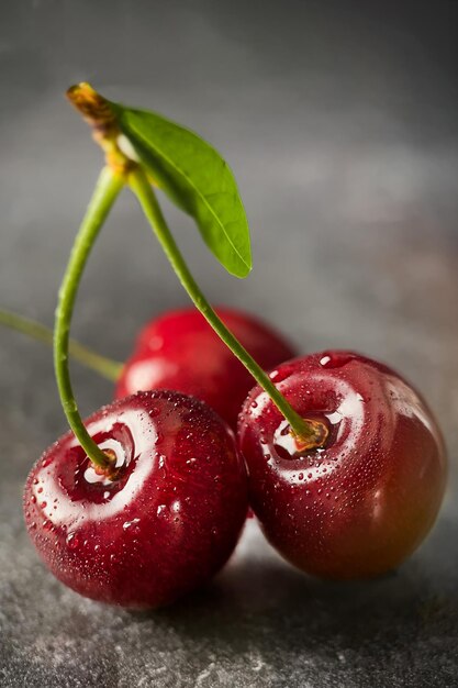 Frische Süßkirschbeeren mit Wassertropfen Nahaufnahme Kirschmakrofotografie