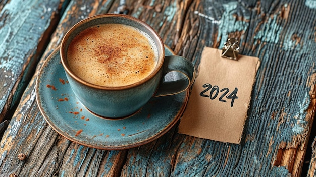 frische Tasse Kaffee mit 2024 Tag auf Holztisch Retro-Stil