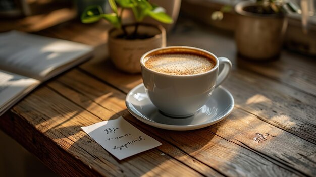frische Tasse Kaffee mit Etikett auf einem Holztisch im Retro-Stil