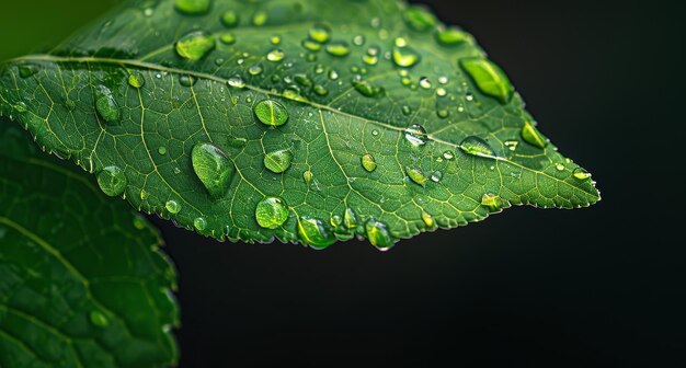 Frische Taustropfen auf einem lebendigen grünen Blatt