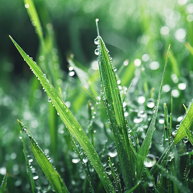 Frische Tautropfen auf grünen Grasblättern in Nahaufnahme