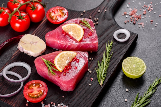 Frische Thunfischfiletsteaks mit Gewürzen und Kräutern auf einem schwarzen Hintergrund