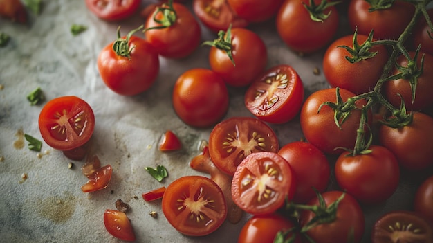 Frische Tomaten auf einem Tisch, rustikaler Hintergrund