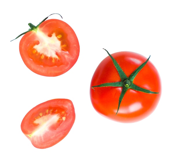 Frische Tomaten auf weißem Hintergrund Ansicht von oben Volle Schärfentiefe