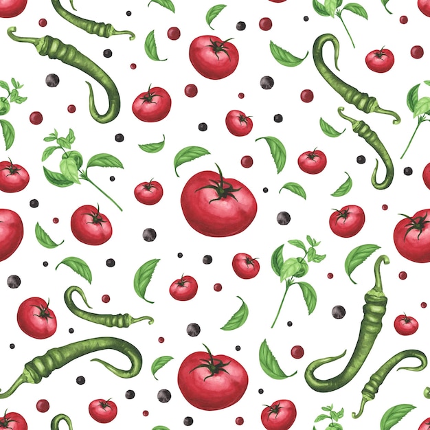 Frische Tomaten Basilikum Chili nahtlose Muster auf weiß Aquarell Handzeichnung Illustration Kunst für die Dekoration
