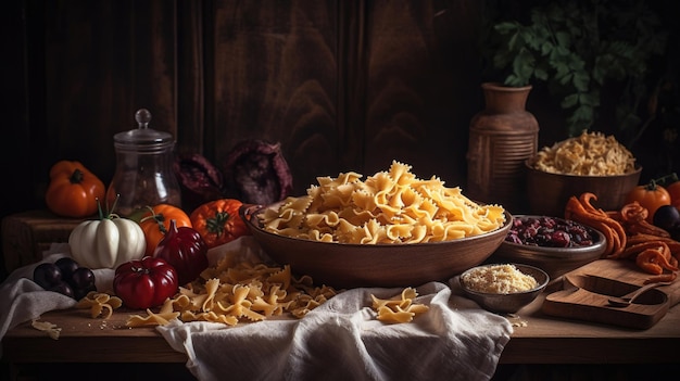 Frische Tomaten, Basilikum und Nudeln auf dunklem, rauem Hintergrund. Lebendige Farben und authentisches Feeling. Ai erzeugt