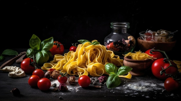 Frische Tomaten, Basilikum und Nudeln auf dunklem, rauem Hintergrund. Lebendige Farben und authentisches Feeling. Ai erzeugt