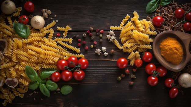 Frische Tomaten, Basilikum und Nudeln auf dunklem, rauem Hintergrund. Lebendige Farben und authentisches Feeling. Ai erzeugt