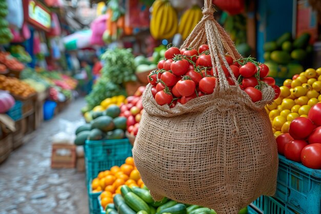 Foto frische tomaten in einem hängenden netzbeutel auf dem markt