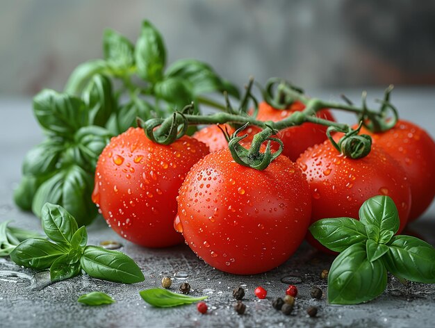 Frische Tomaten mit Basilikum und Pfefferkörnern auf einem grauen Tisch