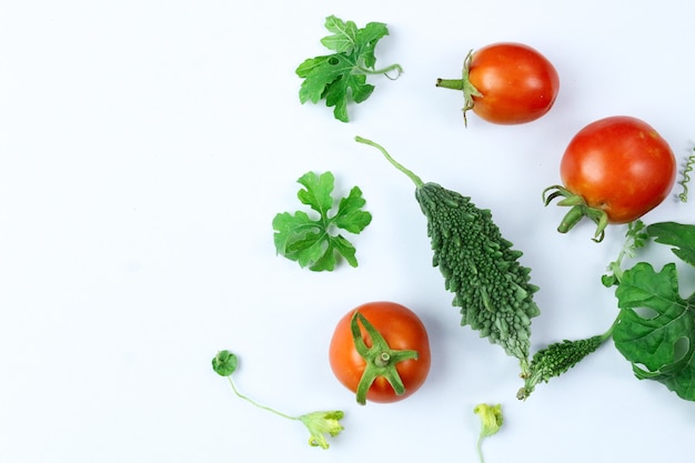 Frische Tomaten mit Blättern und Gemüse