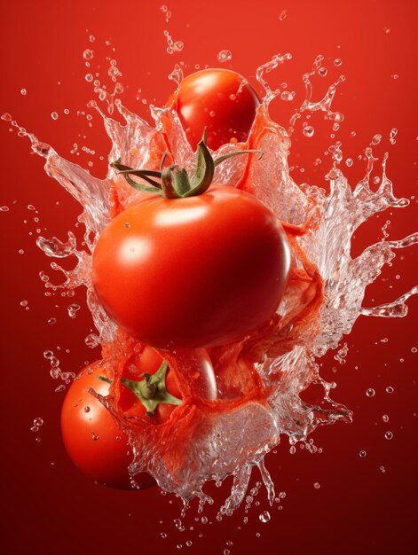 Frische Tomaten mit Wasserspritzer auf rotem Hintergrund. Gesundes Ernährungskonzept