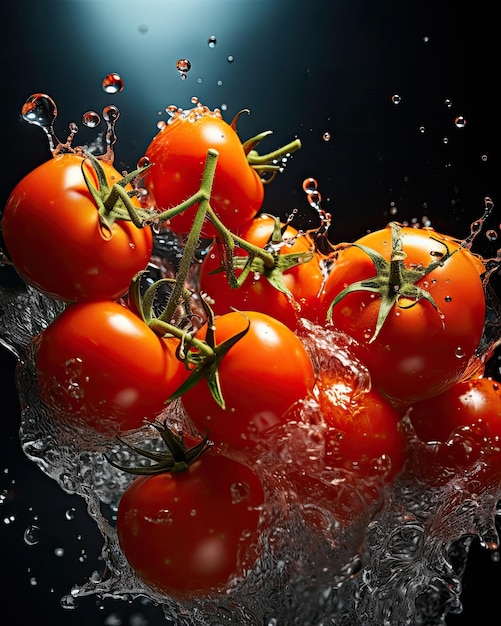 Frische Tomaten schwimmen mit Wasserspritzern auf hellem Hintergrund