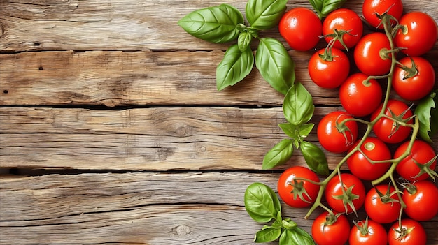 Frische Tomaten und Basilikum auf einem Holztisch