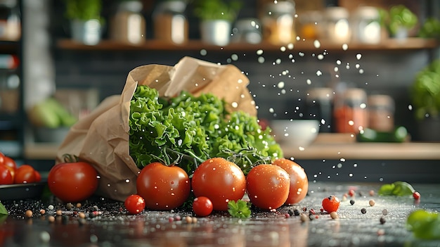 Frische Tomaten und grüner Salat auf einer Küchenplatte gesundes Essen Konzept in einer heimischen Atmosphäre ideal für Food-Blogs und Menüs KI