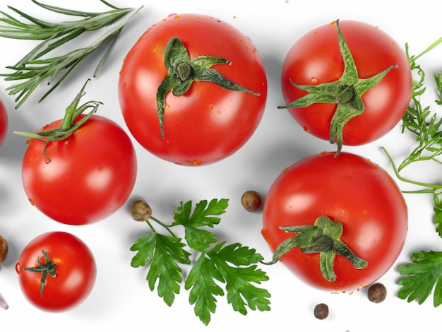 Frische Tomatenkräuter und Gewürze isoliert auf weißem Hintergrund, Draufsicht