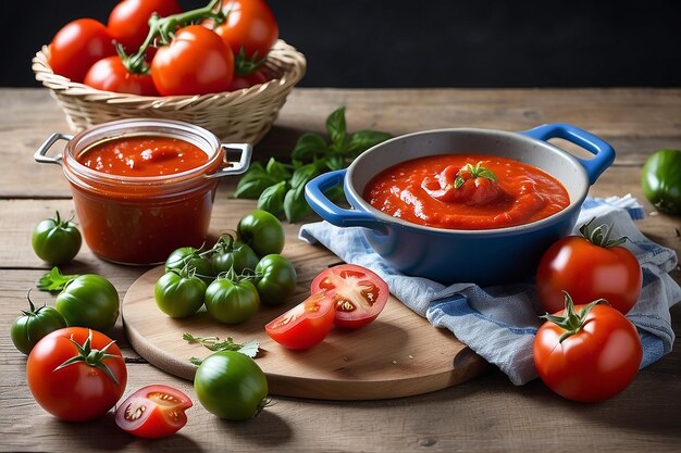 Foto frische tomatensauce auf dem tisch