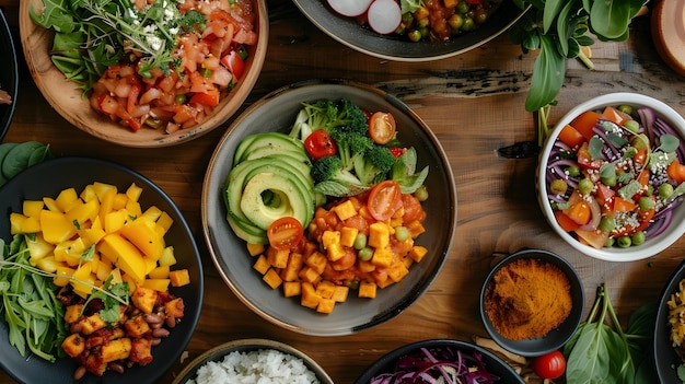 Frische und farbenfrohe Rohkostschüsseln im mesoamerikanischen Stil, um eine visuell ansprechende und gesunde Lebensmittelinspiration für Mahlzeitenvorbereitung oder Lebensmittelfotografie zu bieten