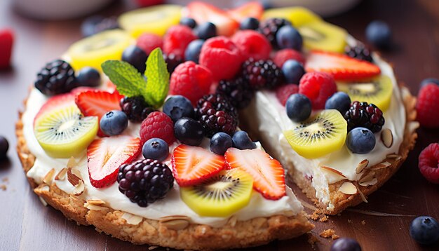 Foto frische und genuss auf einem mehrfarbigen dessert, das von ki generiert wurde