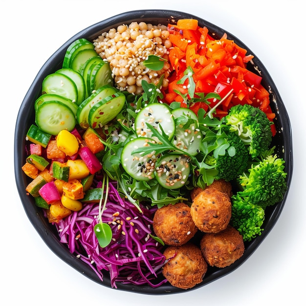 Frische und pikante Fianga-Falafel-Buddha-Schüssel auf weißem Hintergrund
